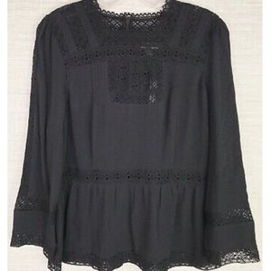 JCrew Black long sleeve peplum top w/ lace detail